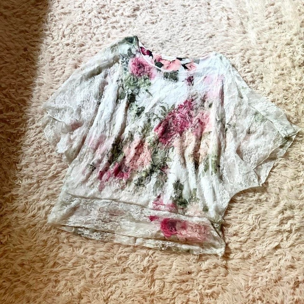 Lace Floral Whimsical Cottage Fairy Flowy RenFair Top Womens M Romantic Femme